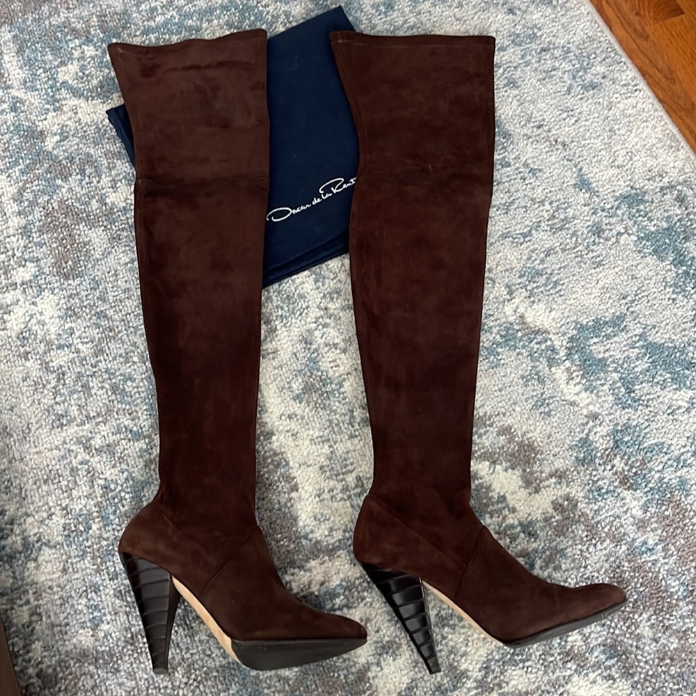 Oscar De La Renta Brown Silvia scuba-Jersey suede over-the-knee boots size 37